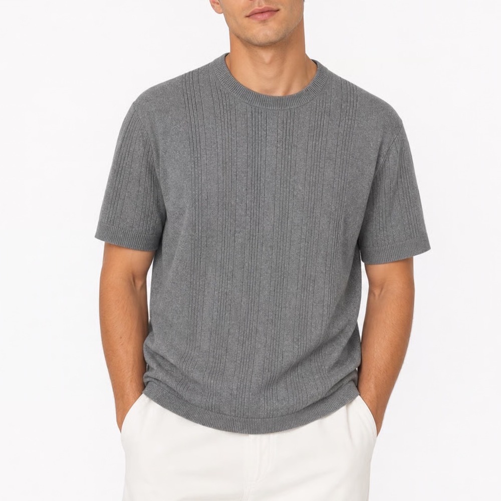 Esprit Men Gray Ribbed Short Sleeve Cotton Knit Crew Neck Sweater Size M